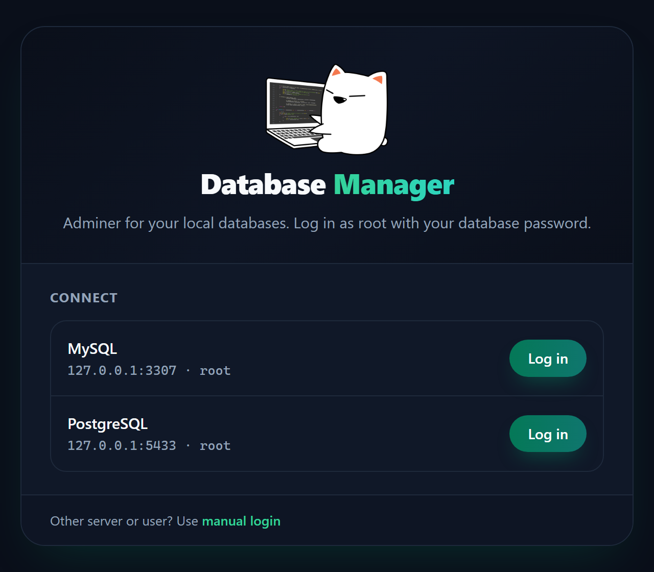 The CAMPP Adminer launcher with Log in buttons for MySQL and PostgreSQL