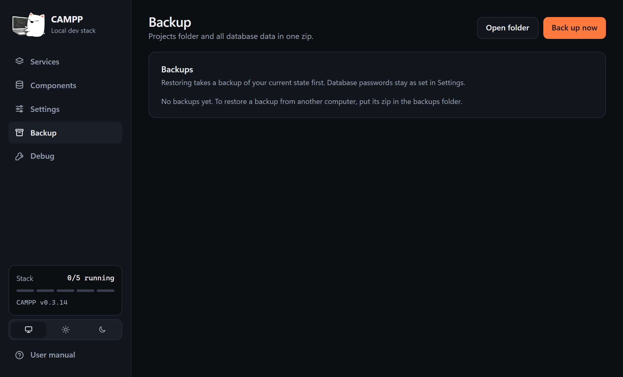 The Backup page with Open folder and Back up now buttons