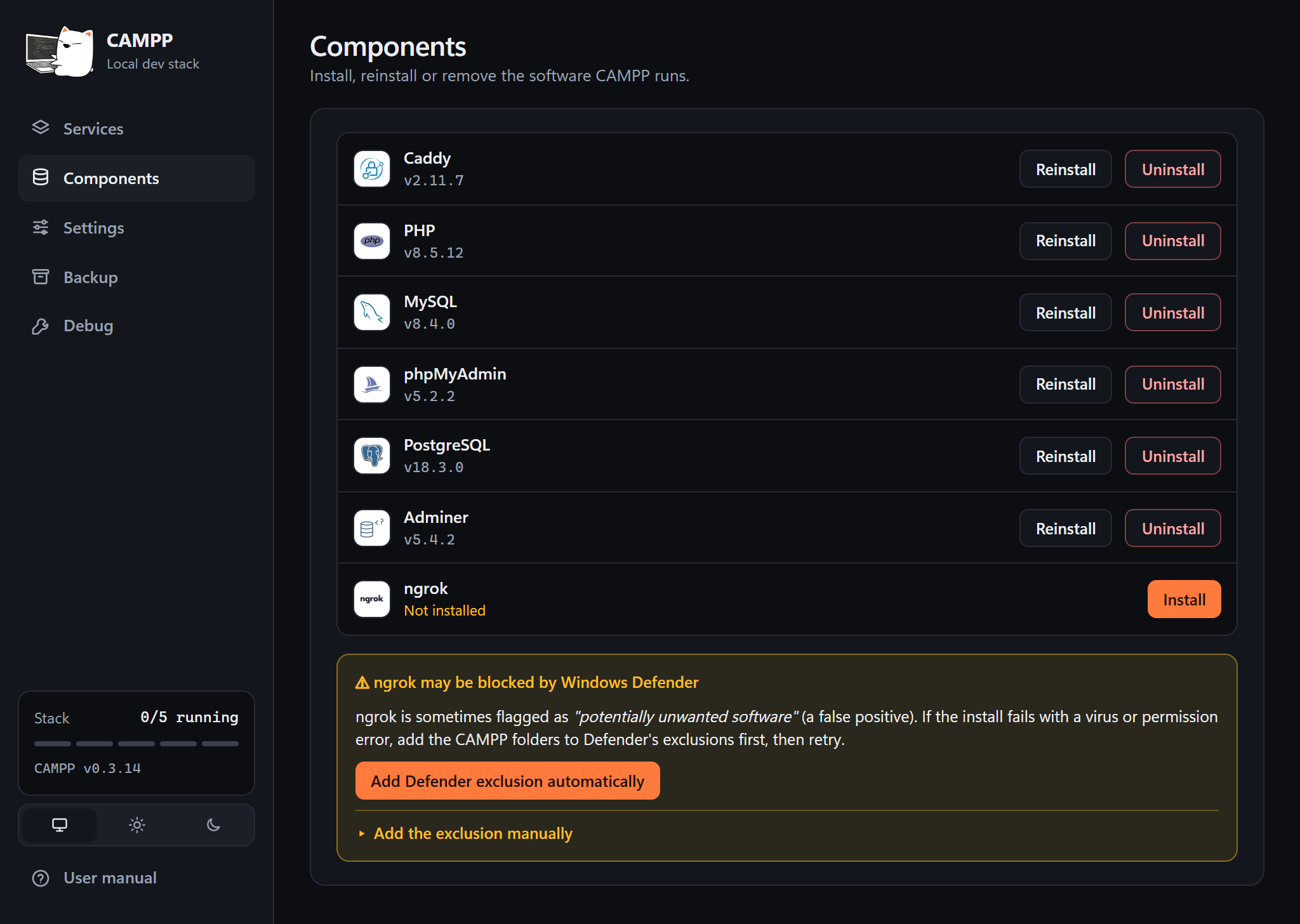 The Components page listing Caddy, PHP, MySQL, phpMyAdmin, PostgreSQL, Adminer and ngrok