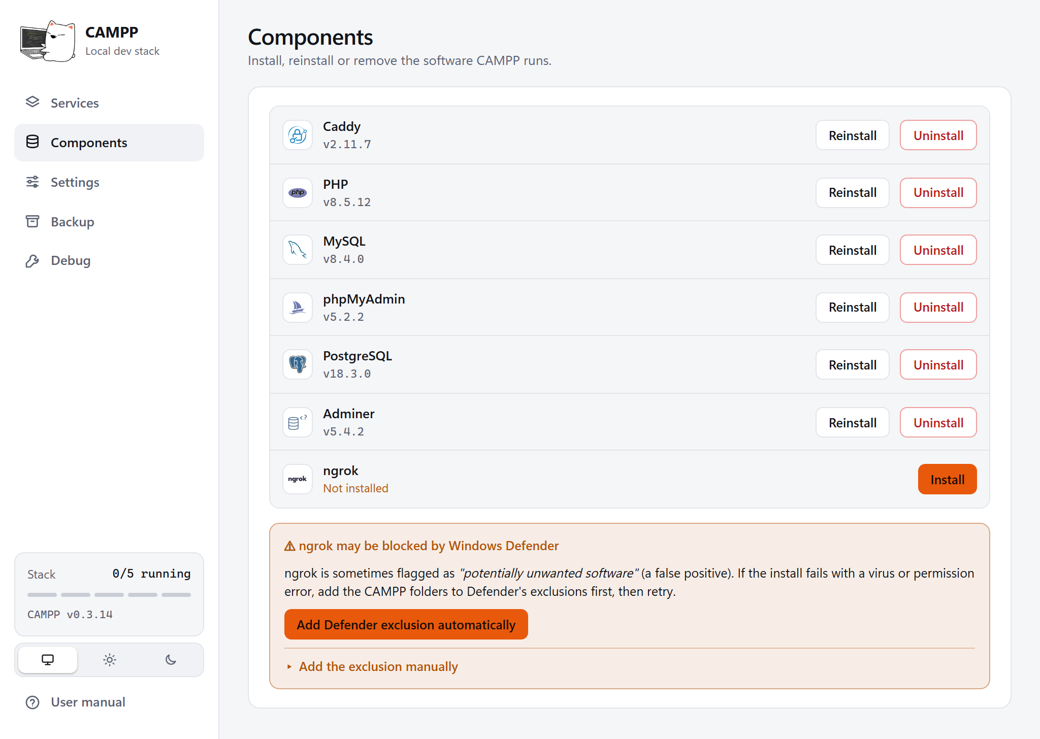 The Components page listing Caddy, PHP, MySQL, phpMyAdmin, PostgreSQL, Adminer and ngrok