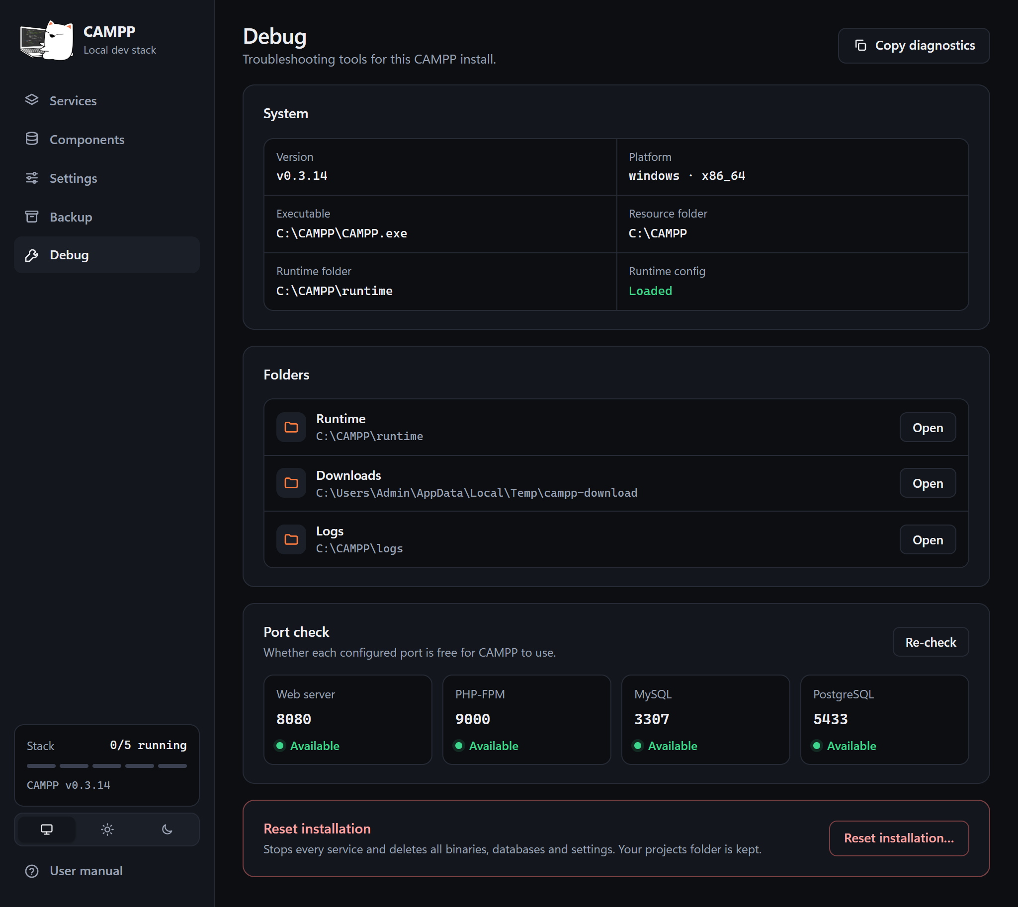 The Debug page with system information, folders, port check and reset