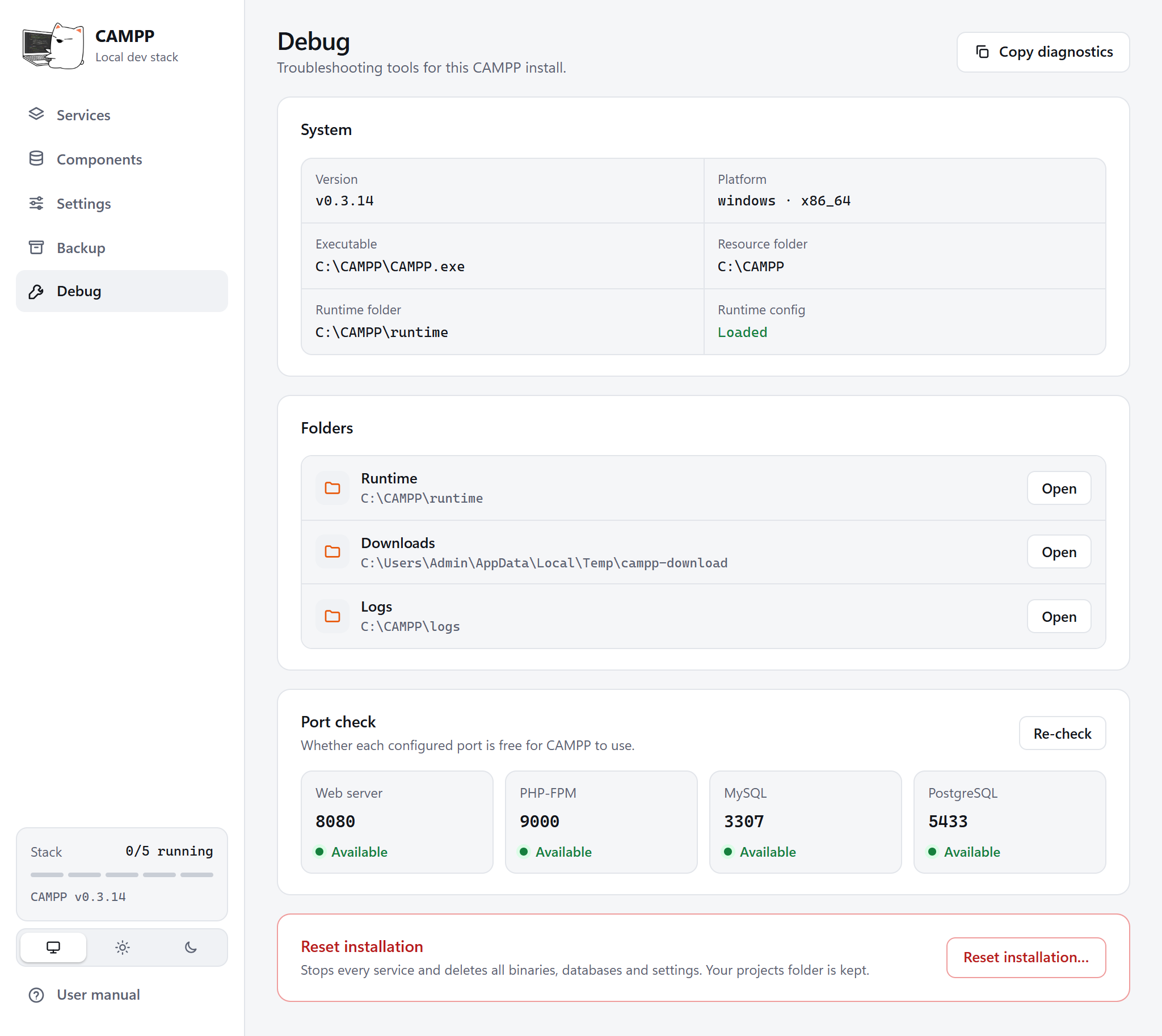 The Debug page with system information, folders, port check and reset