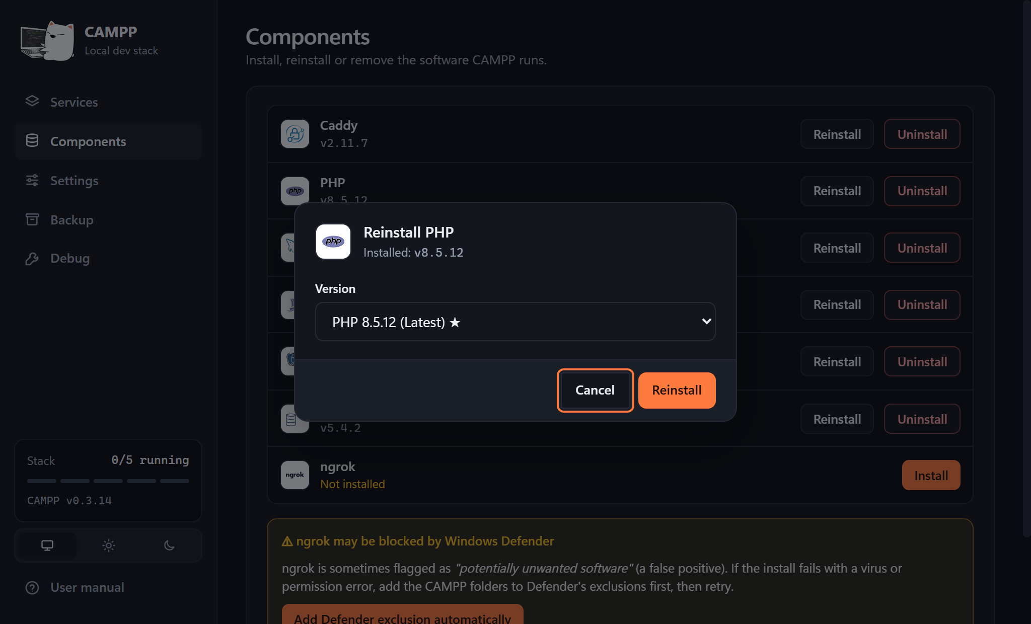 The Reinstall PHP dialog with a version picker