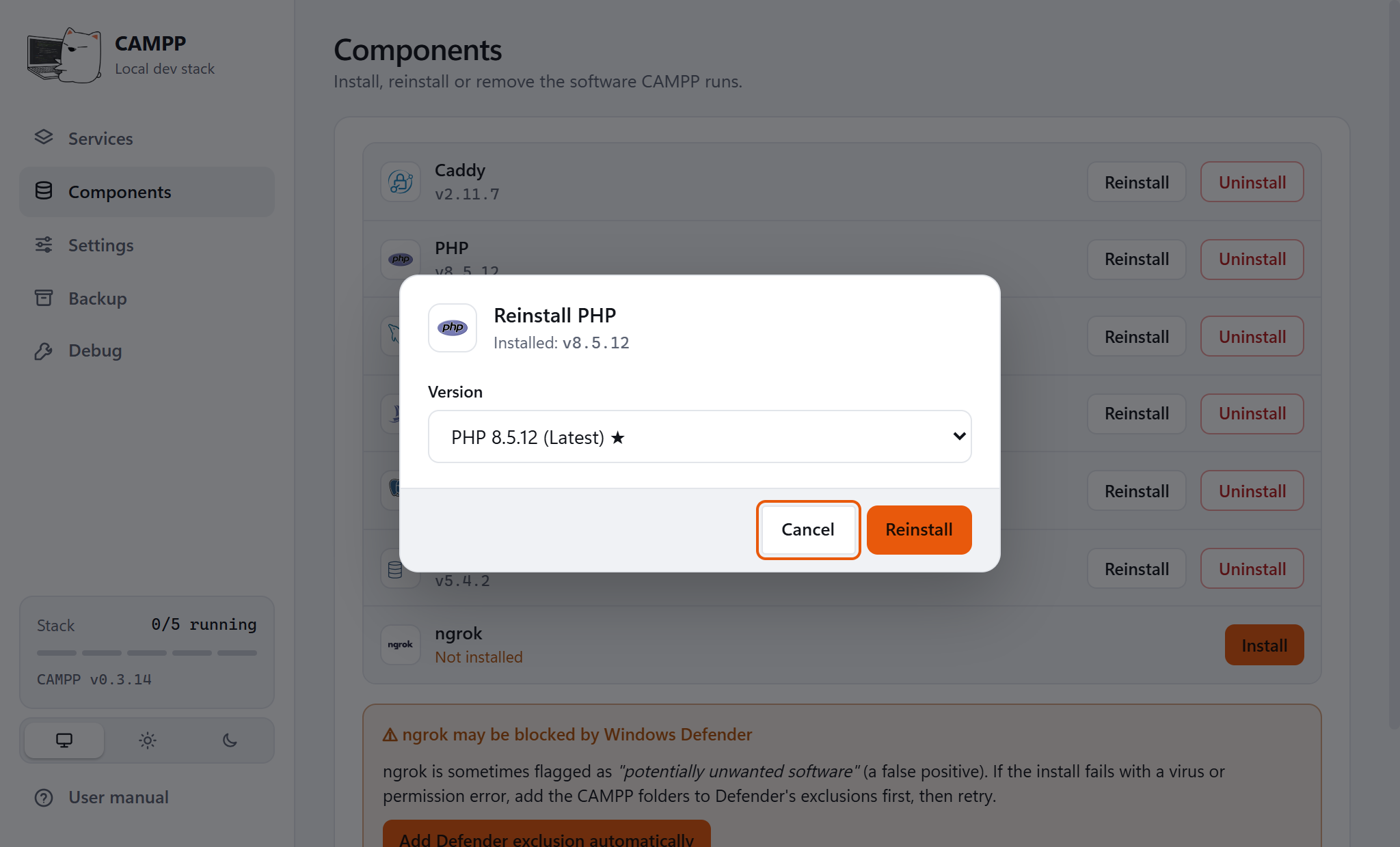 The Reinstall PHP dialog with a version picker