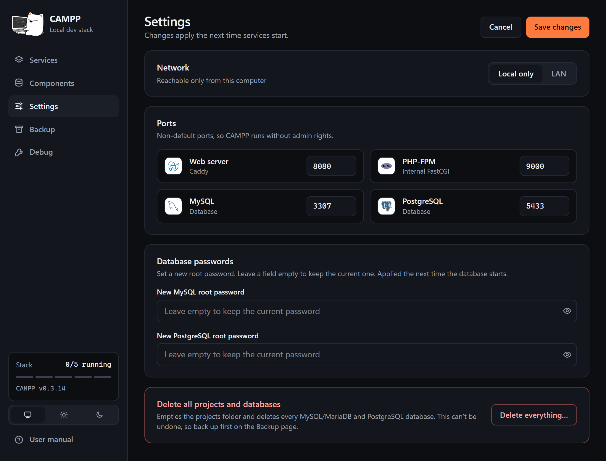 The Settings page with Network, Ports, Database passwords and the danger zone