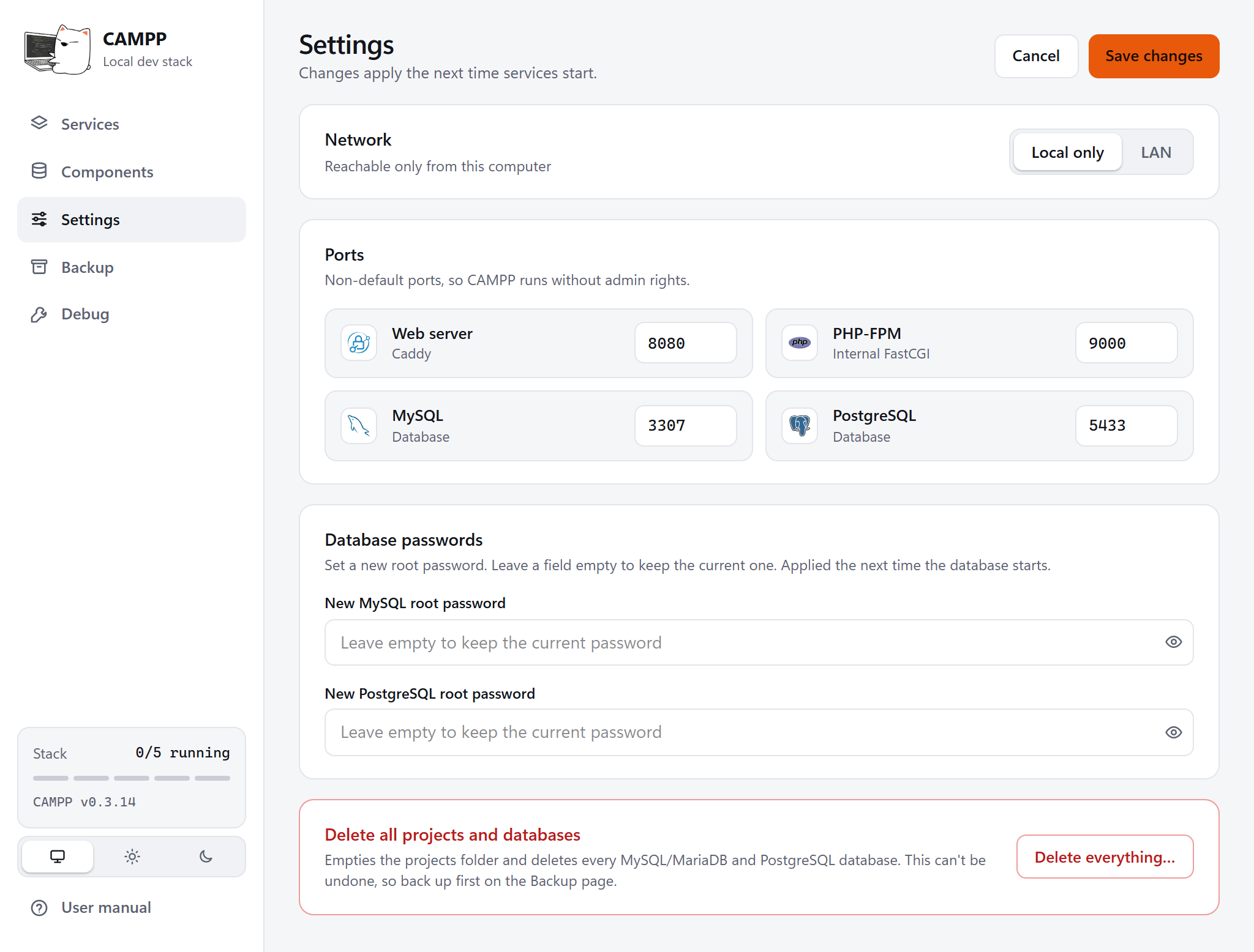 The Settings page with Network, Ports, Database passwords and the danger zone
